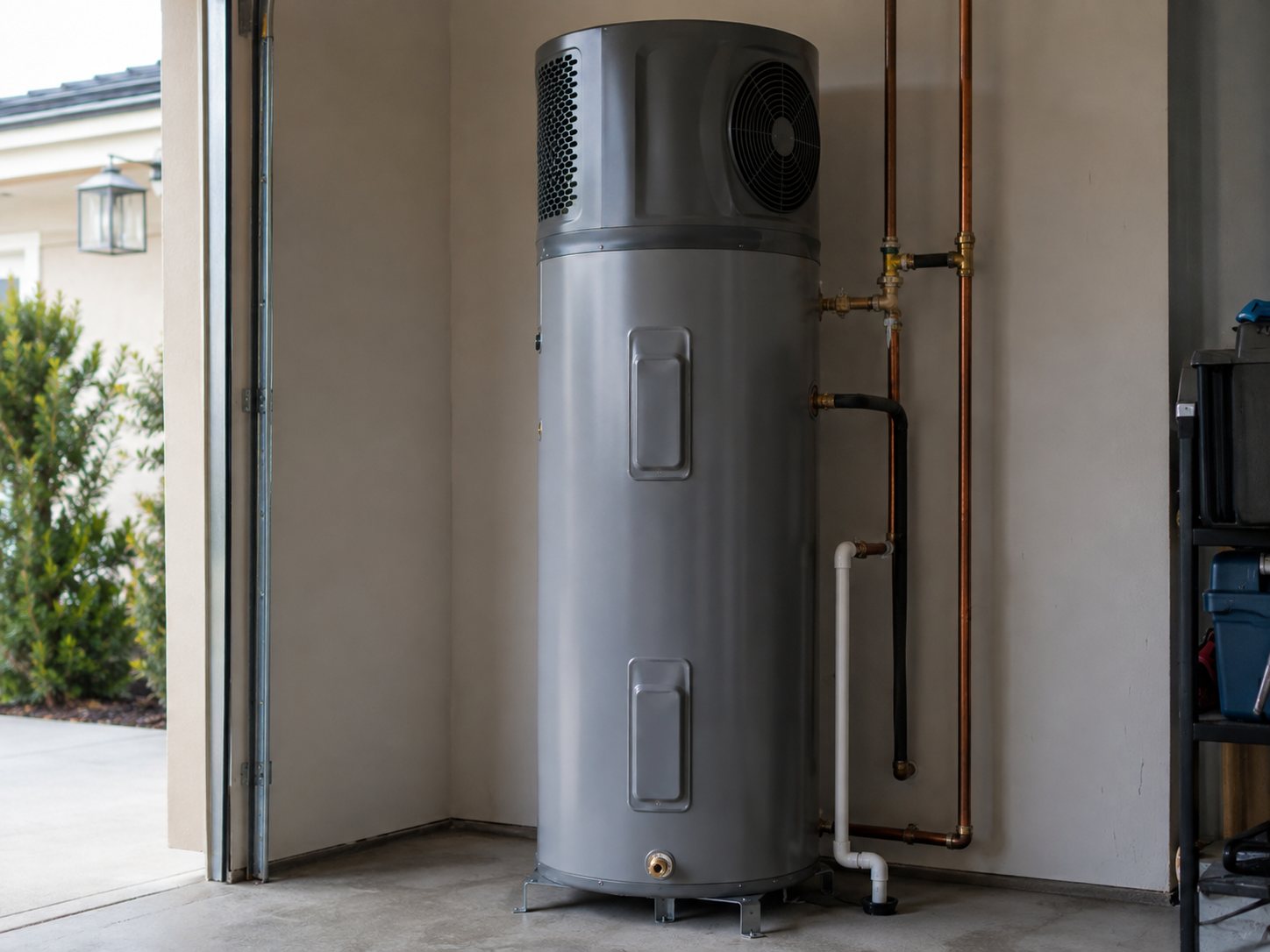 Hybrid heat pump water heater installed in a Los Angeles garage