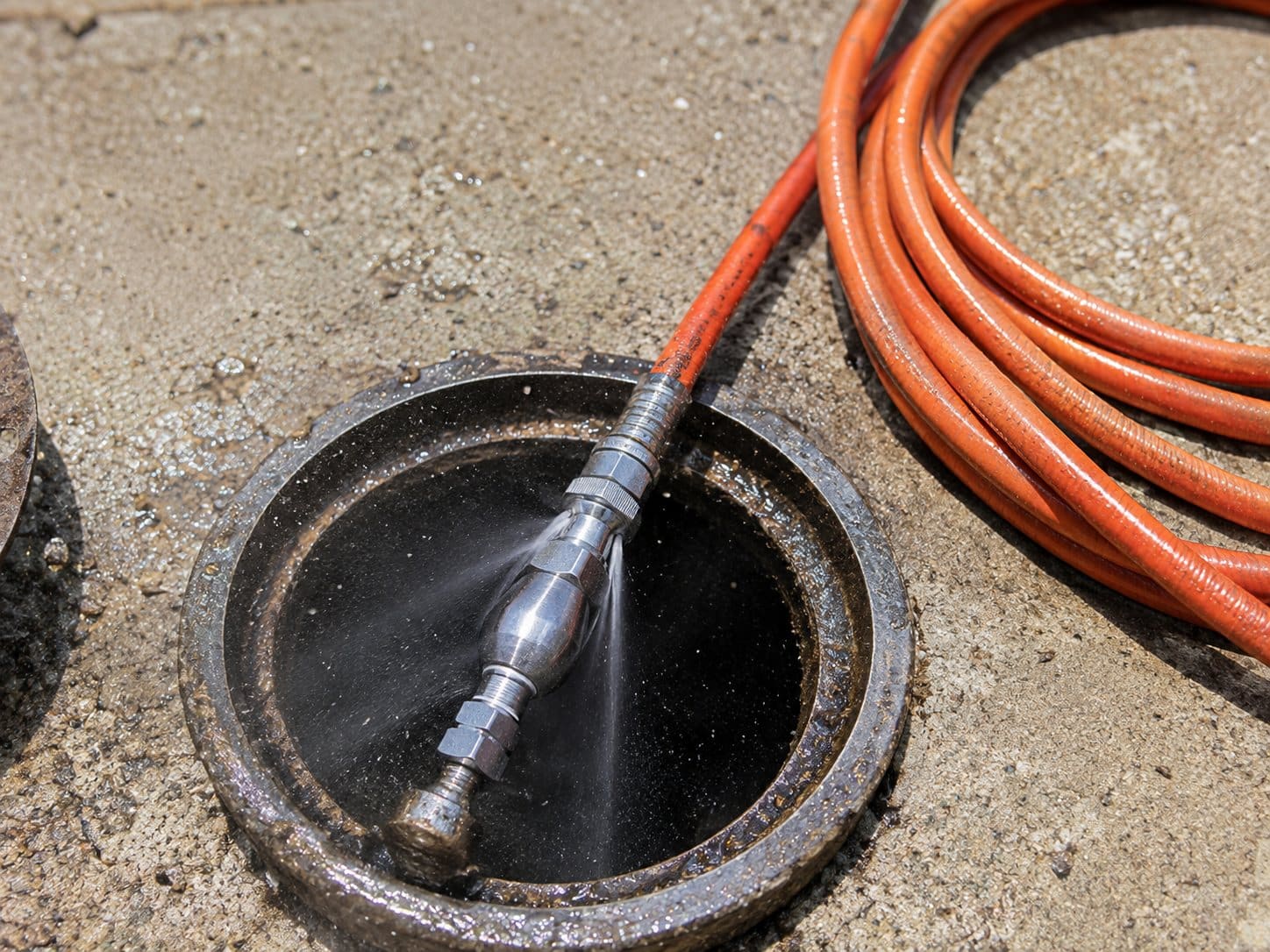 Hydro jetting nozzle clearing a sewer line through a cleanout