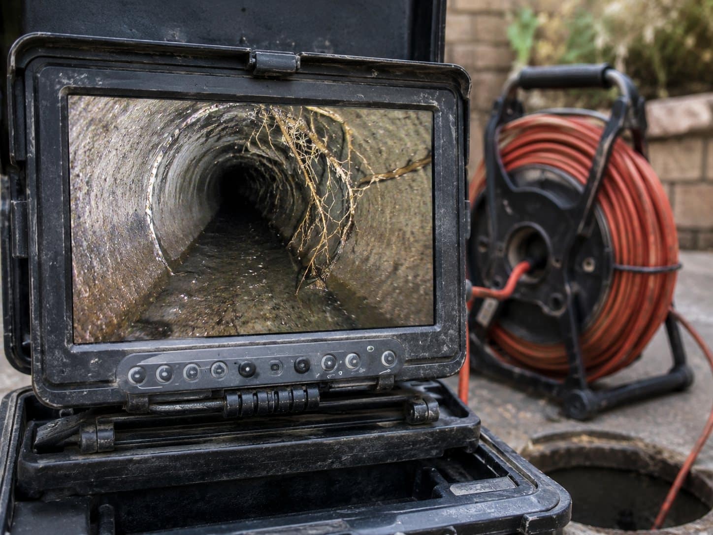 Sewer camera monitor showing tree roots inside a pipe during inspection