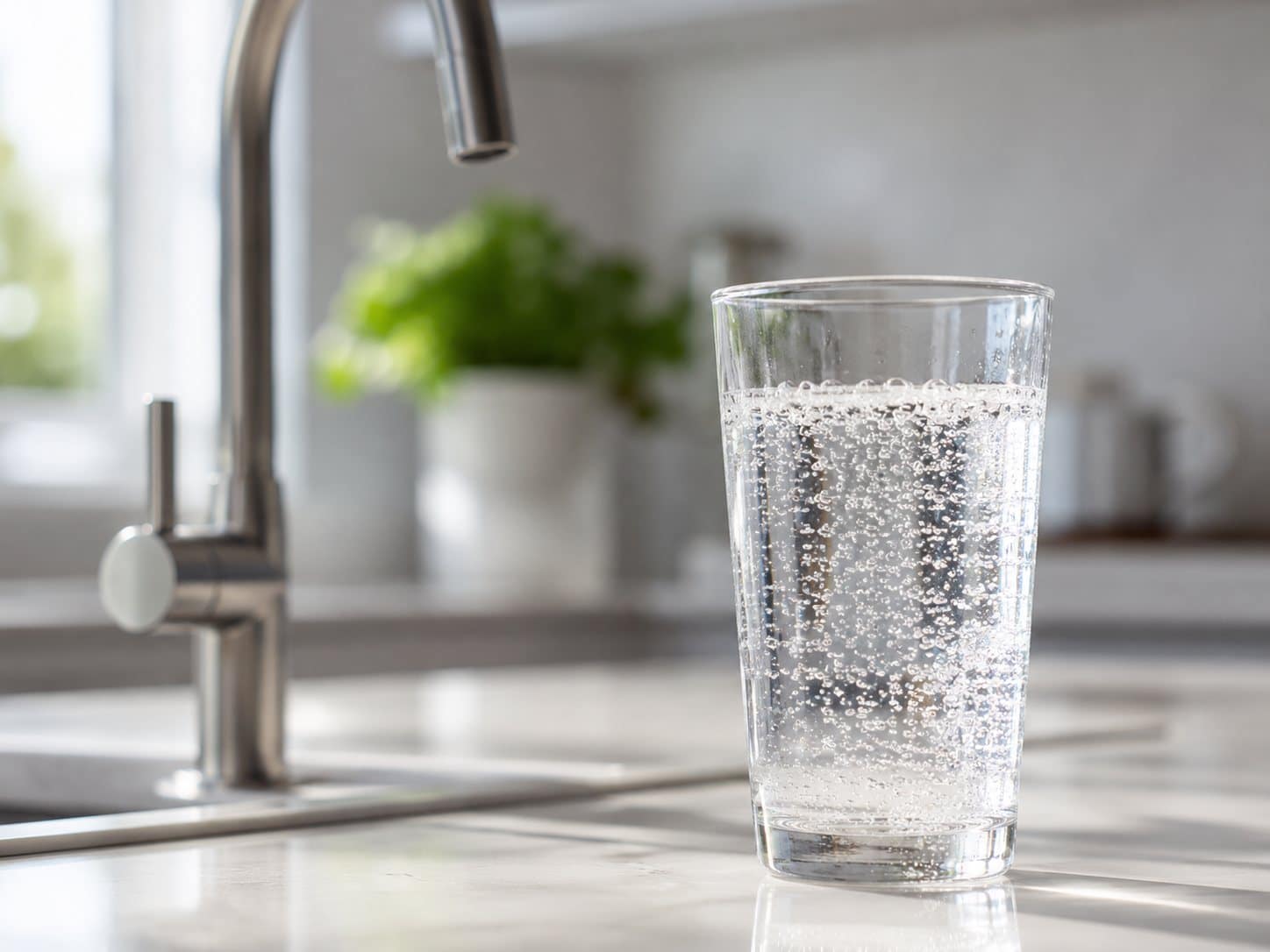 Glass of clean filtered drinking water at a kitchen sink