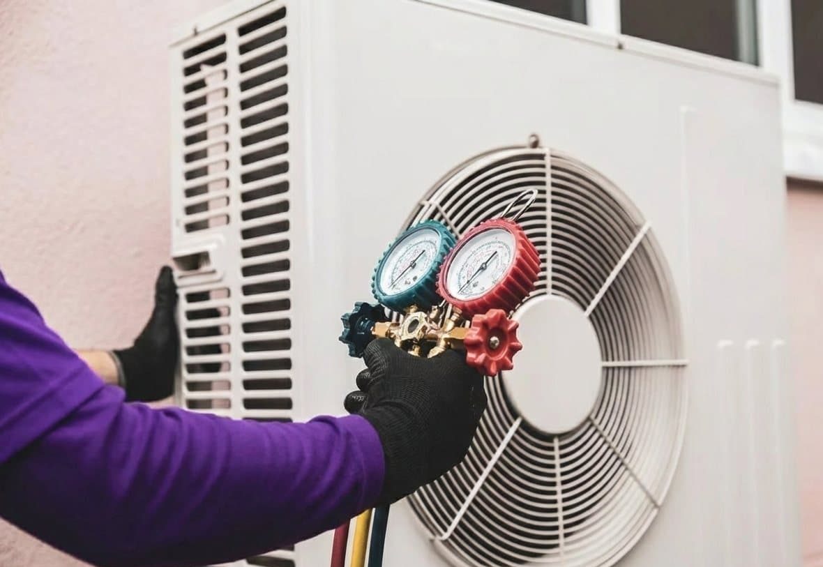 ServiStar technician checking refrigerant with gauges ServiStar technician checking refrigerant with gauges