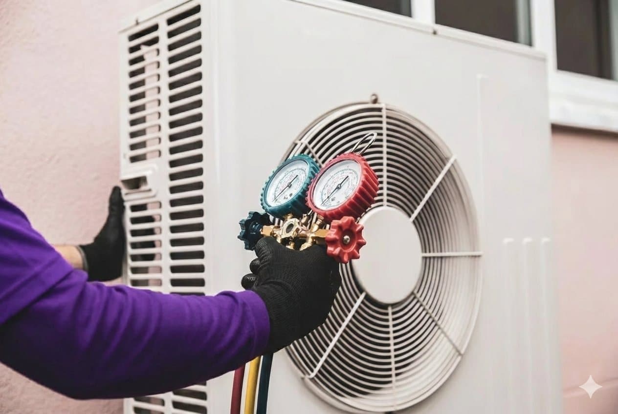 ServiStar technician checking refrigerant with gauges