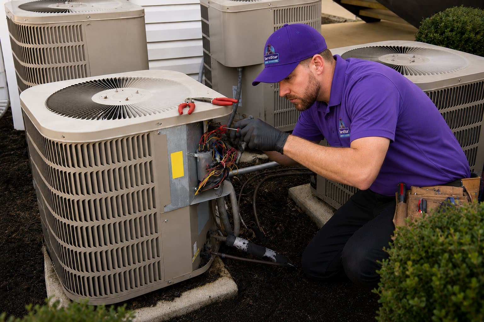 ServiStar technician repairing heat pump units