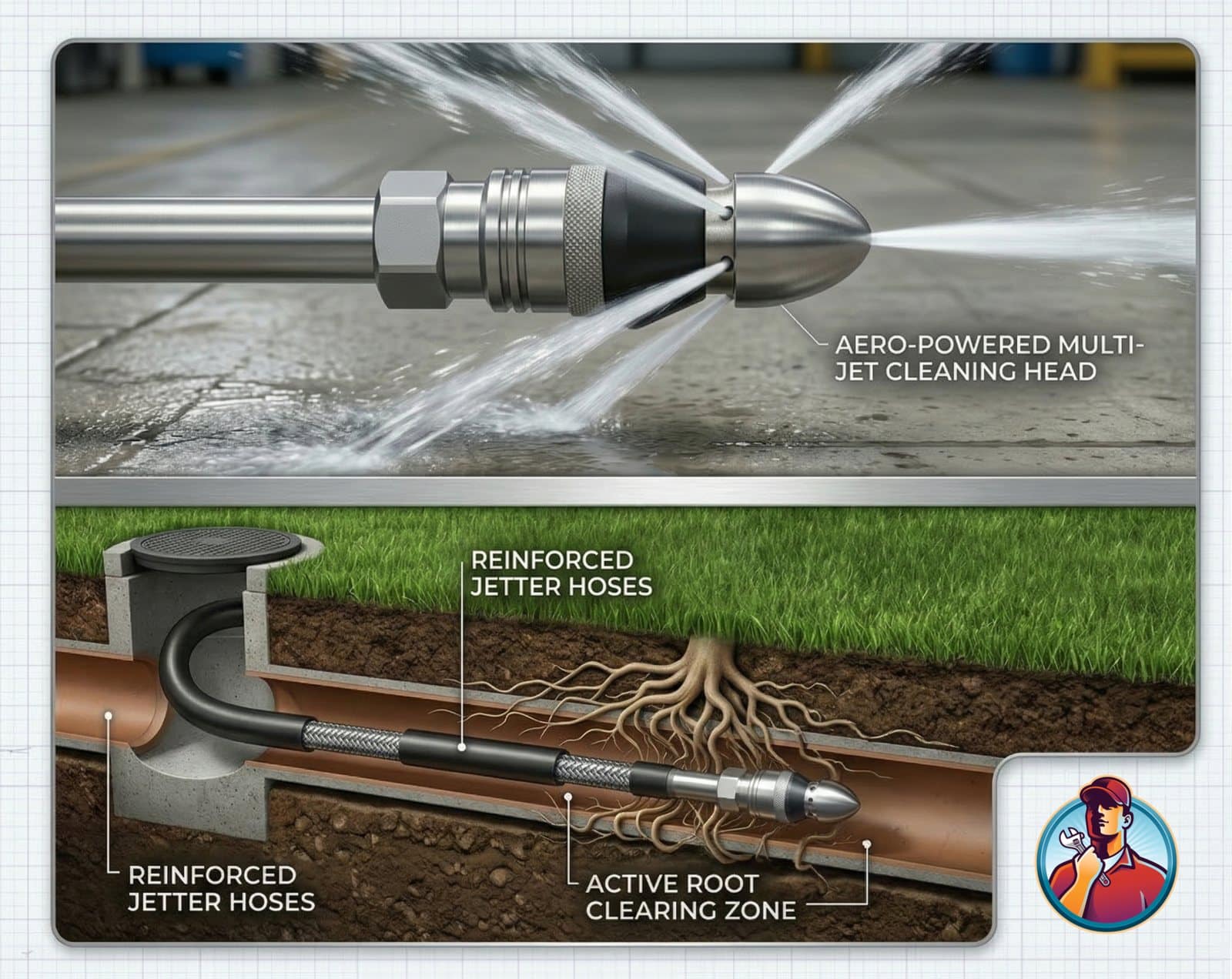 Hydro jetting nozzle clearing roots from a pipe, diagram