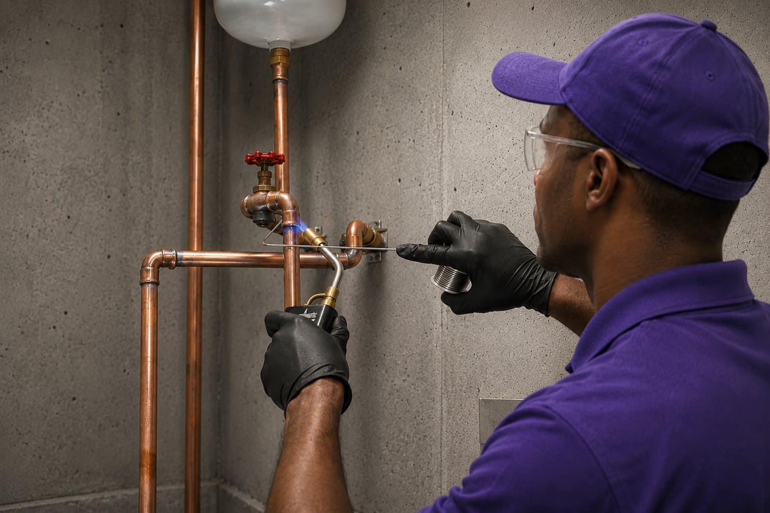 ServiStar technician soldering a copper pipe repair