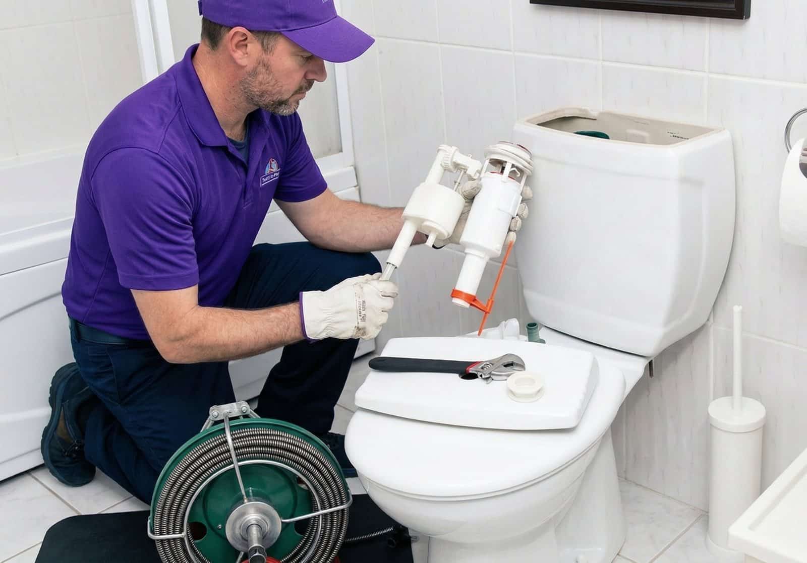 ServiStar technician repairing a toilet fill valve