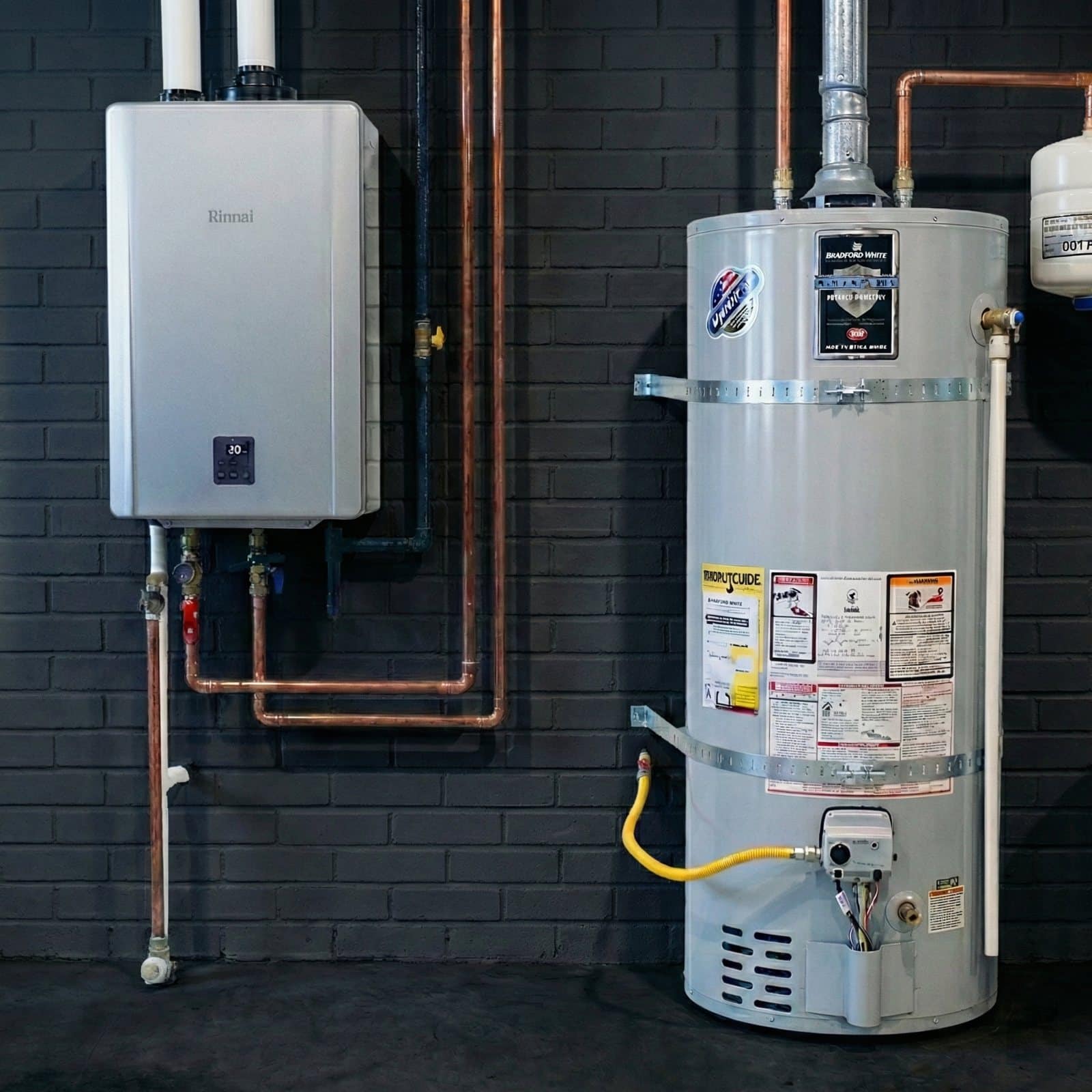 Tankless and tank water heaters installed side by side