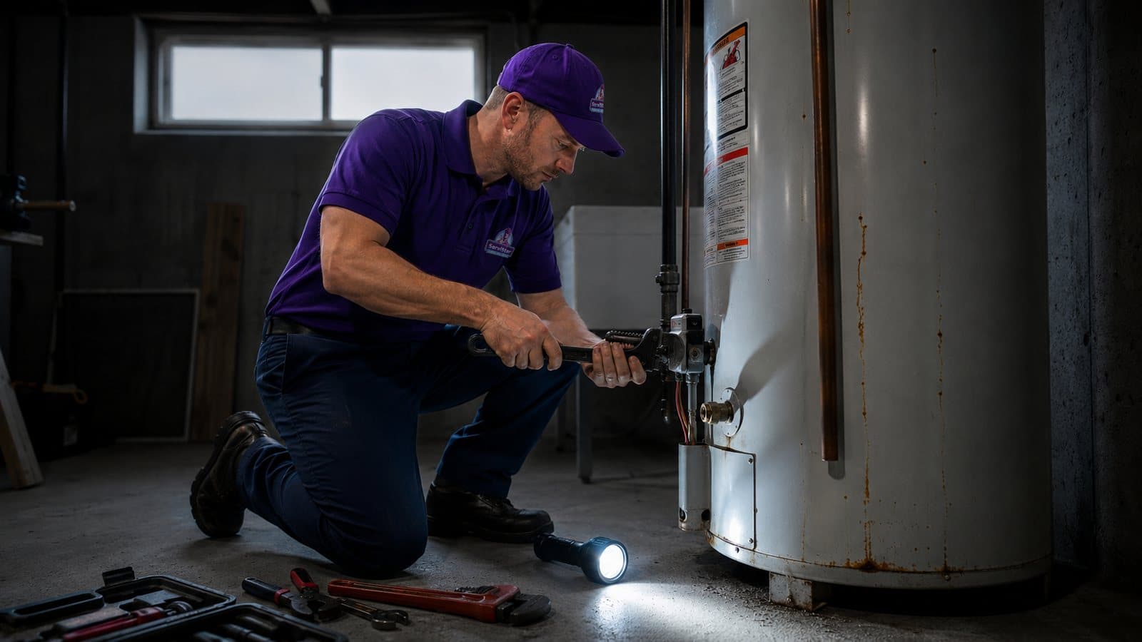 ServiStar technician servicing a water heater