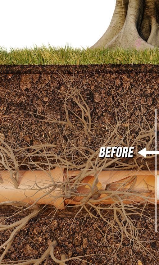 Sewer pipe invaded by tree roots, before trenchless repair